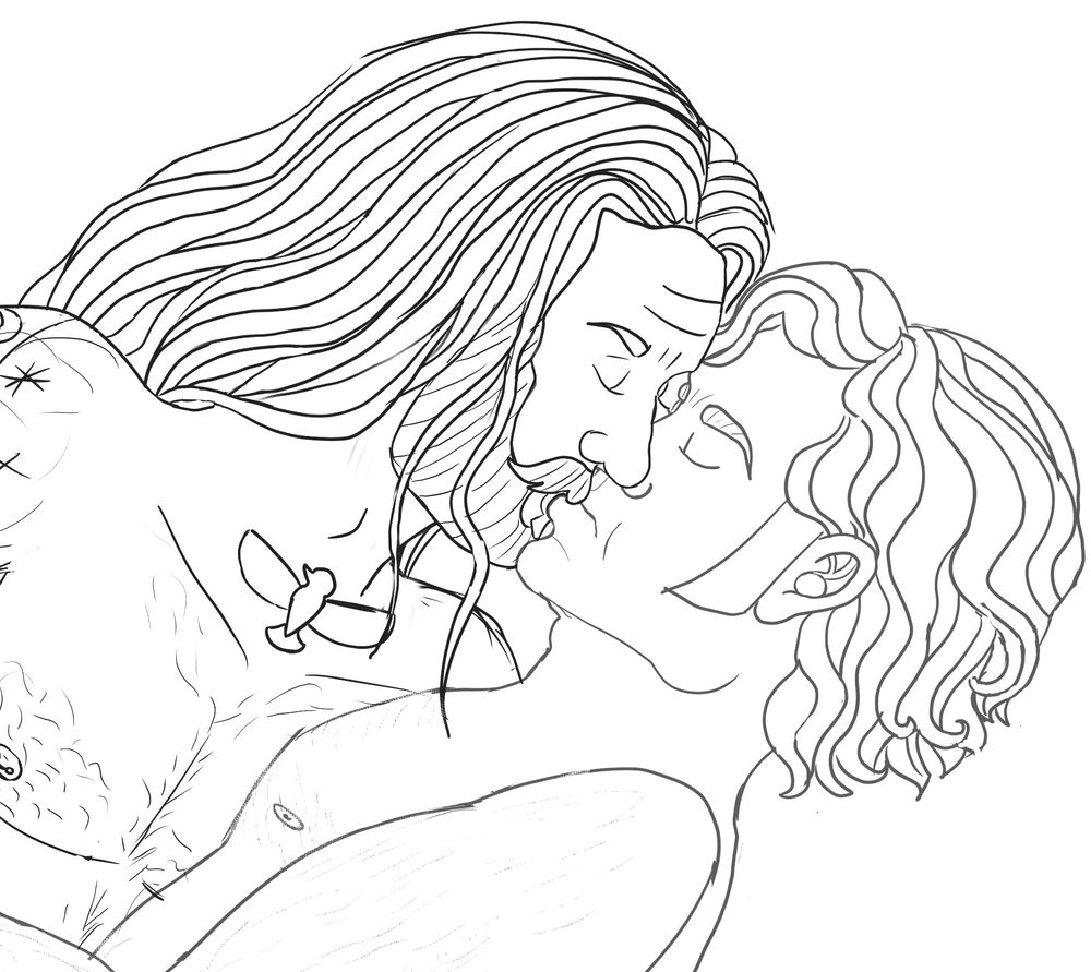 Line art of Ed and Stede kissing shirtless