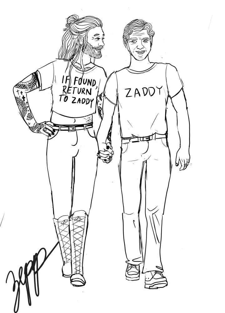 Line art of Ed and Stede holding hands and walking. Ed’s wearing a crop top that says “If found, return to Zaddy” Stede’s shirt says “Zaddy”