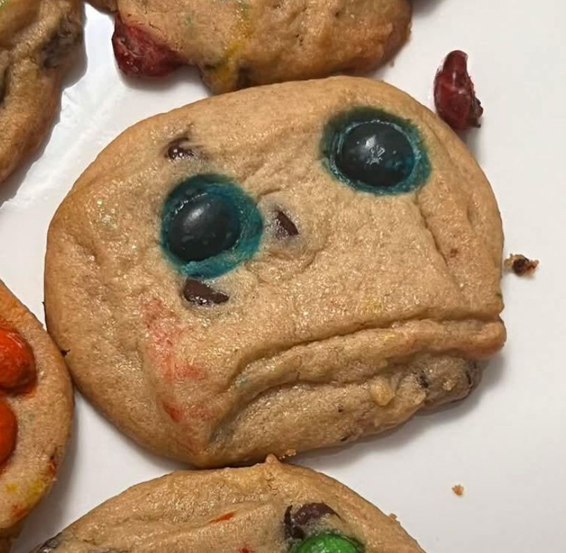 A m&m cookie with two blue m&ms and a crease, making it look like a frowny face with lips that are pretty similar to Rhys Darby’s