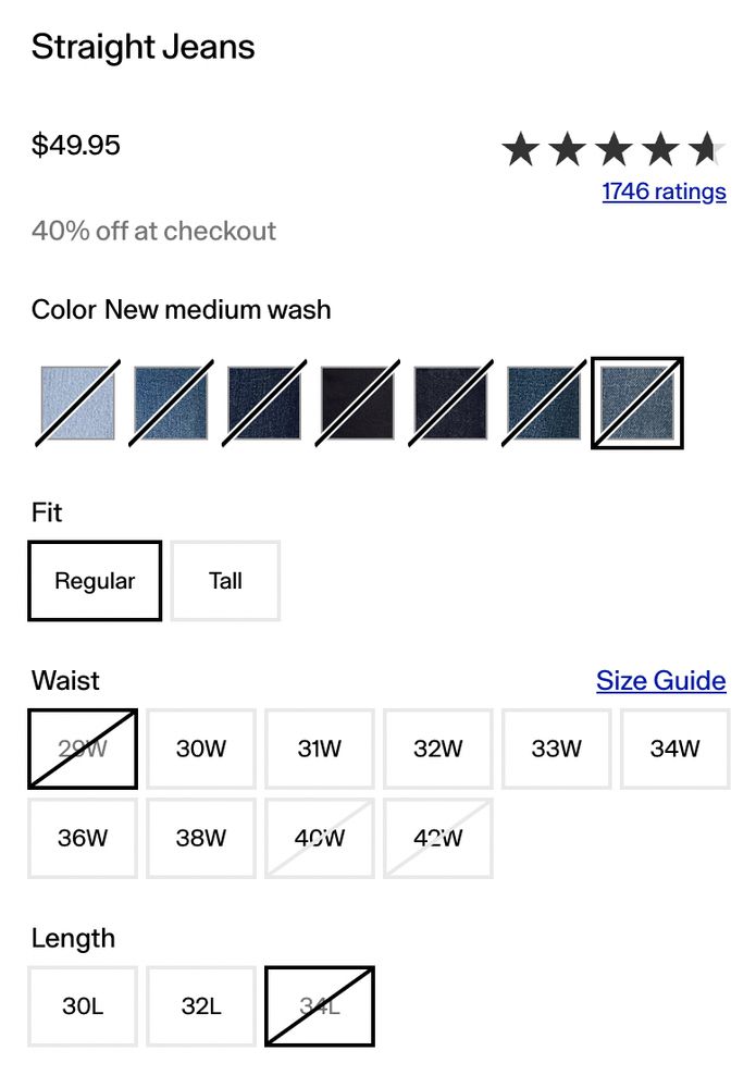 A gap jeans size and color chart with my size sold out in every color. Not shown, also every fit and color combination elsewhere.
