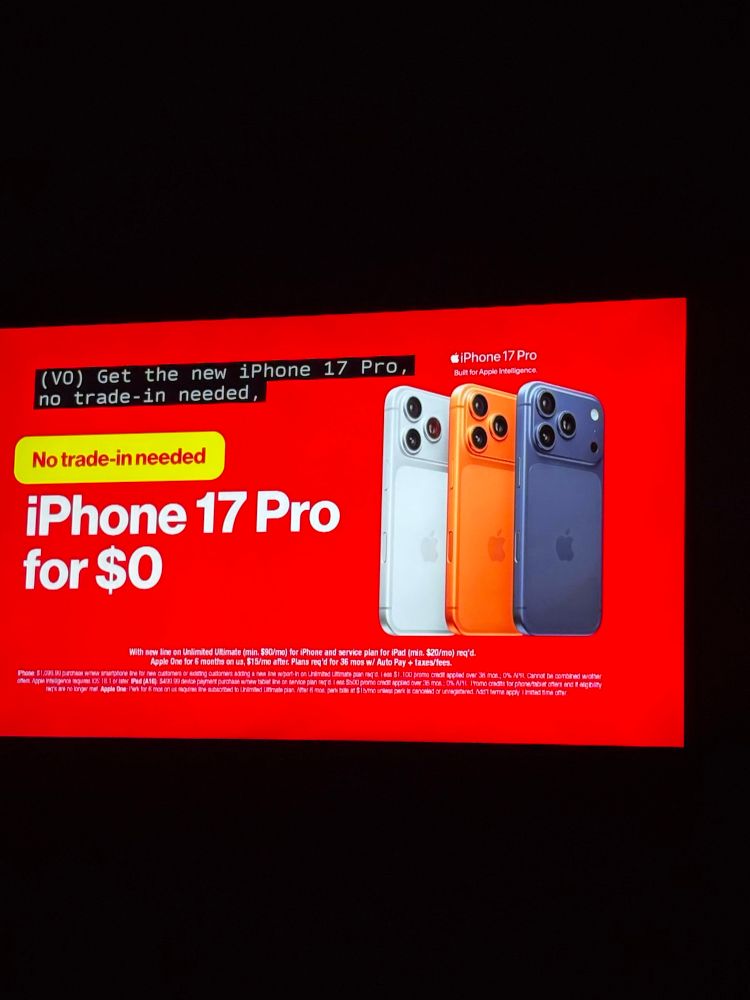 The iPhone 17 Pro commercial showing a white, an orange, and a black/gray phone. 