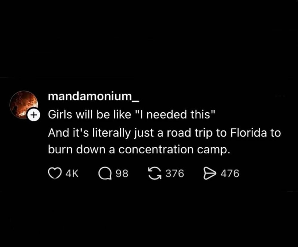 Post from another site that reads

"Girls will be like "I needed this" and it's literally just a road trip to Florida to burn down a concentration camp"