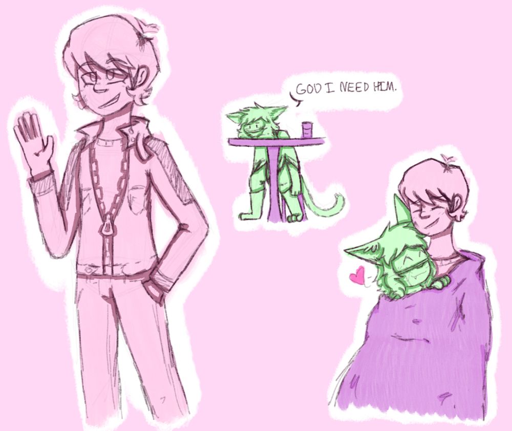 a sketch page of two Cassette Beasts doodles. the first is of Eugene, talking to someone not drawn - Asphodel (OC) is sitting at a table in the background, chin on the table. it's saying, "god I need him." the next doodle is of Asphodel and Eugene cuddling underneath a blanket.