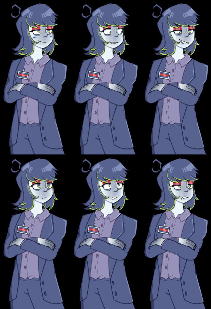 fan made Cassette Beasts styled sprites made for an original character, Fortune. she's a Landkeeper with green highlights in her hair and red eyeshadow. she's drawn with a variety of expressions, such as blushing, awkward, smug, neutral, shocked, and annoyed.