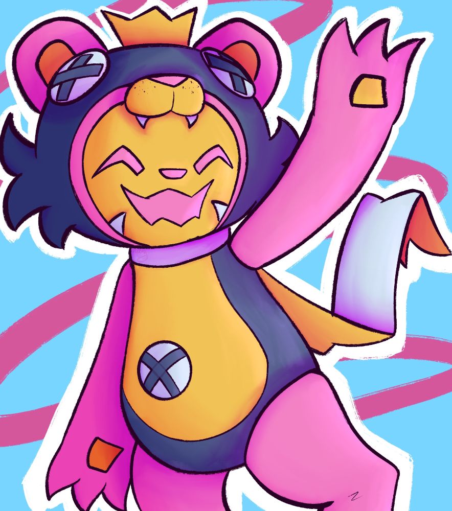 a drawing of Pawper from Cassette Beasts, with it smiling and waving with an outstretched paw. the background is a light blue with a wavy dark pink line going across the canvas