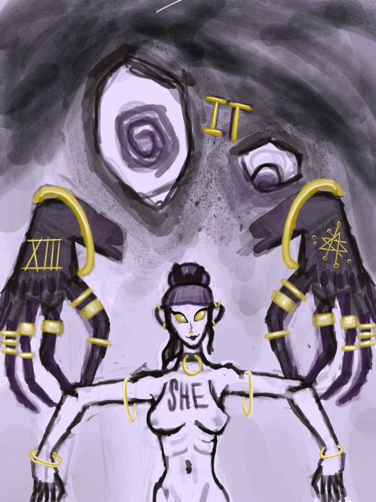 A digital illustration of a femme body with "SHE" on her chest being held like a doll but hands and floating eyes with "IT" between them 