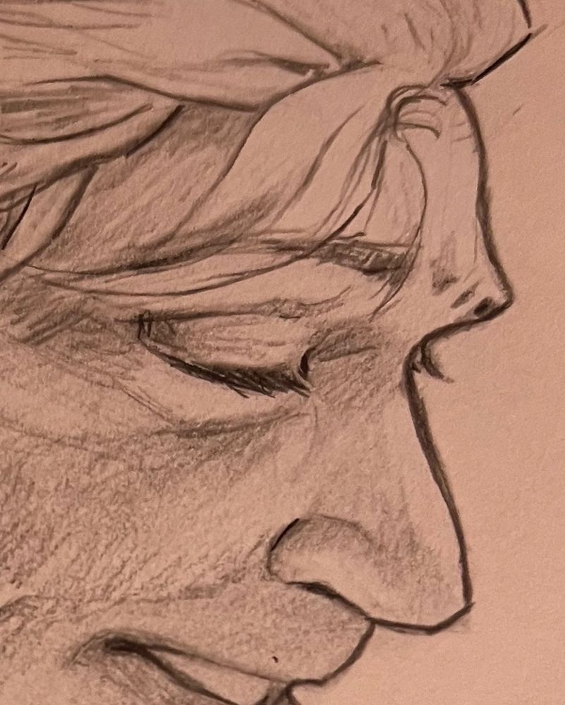 Cropped in close WIP version of a pencil drawing of Stede, looking down and smiling. Is he looking at Ed here or an adorable animal??? FIND OUT IN THE FIC!!