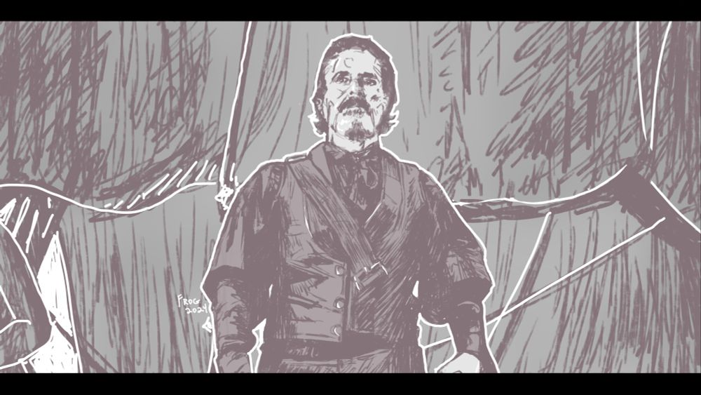 A digital sketch from the waist up of Con O'Neill as Izzy Hands from Our Flag Means Death. Based on a screenshot, it is roughly sketched and colored in tones of white, gray, and pale maroon with hard white outlines. There are ship sails behind him, and he's looking above the viewer, into the distance.