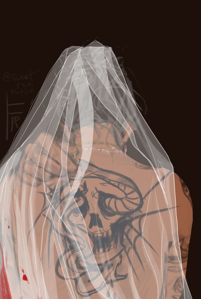 A digital artwork of Ed from OFMD's back, with a large back tattoo of a skull and crying snakes. A bridal veil, slightly bloodied in one corner, covers him entirely. In one hand rested over his shoulder, he holds two gold rings, one with three diamonds and the other with one emerald. The background is a pure dark brown, almost black. The artist's signature (hi, that's me) is above his shoulder.