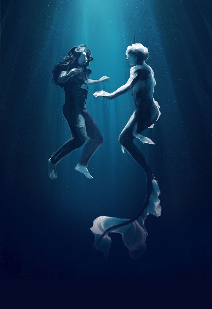 Artistic rendering of Ed and stede (as a merperson) floating in water, facing one another, as in season 2 episode 3. It,s shades of cyan and lit from above, very peaceful.