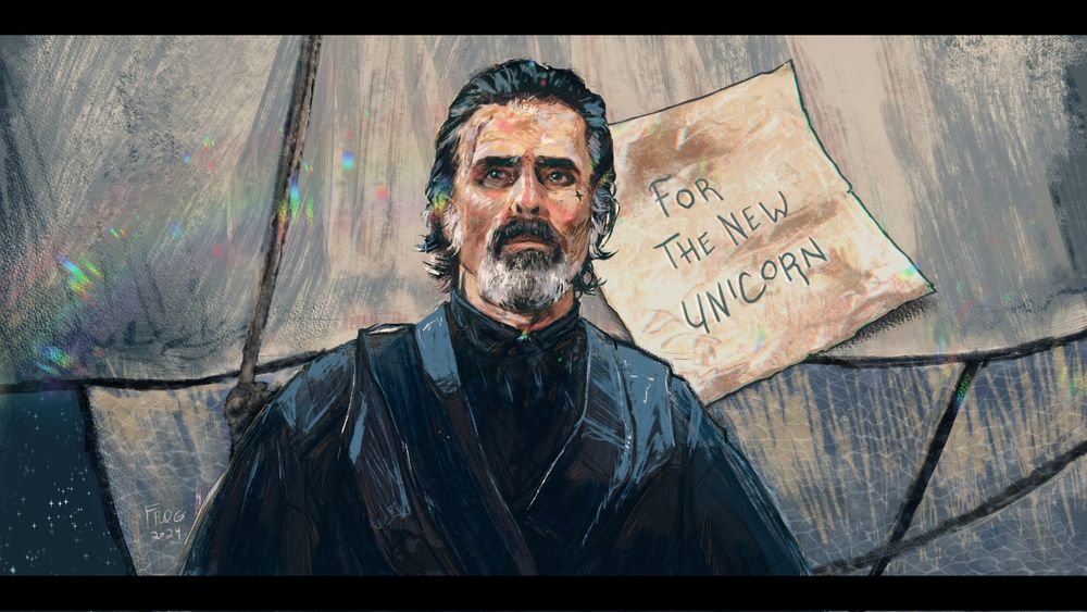 A digitally illustrated artwork of Con O'Neill as Izzy Hands in an expressionistic style, based on a screenshot from the show. He's standing in front of ship sails and a night sky. There's a rainbow of prism light cast across the sails onto his determined-looking face, and a zoomed-in version of a note that says "For The New Unicorn" is over his shoulder.