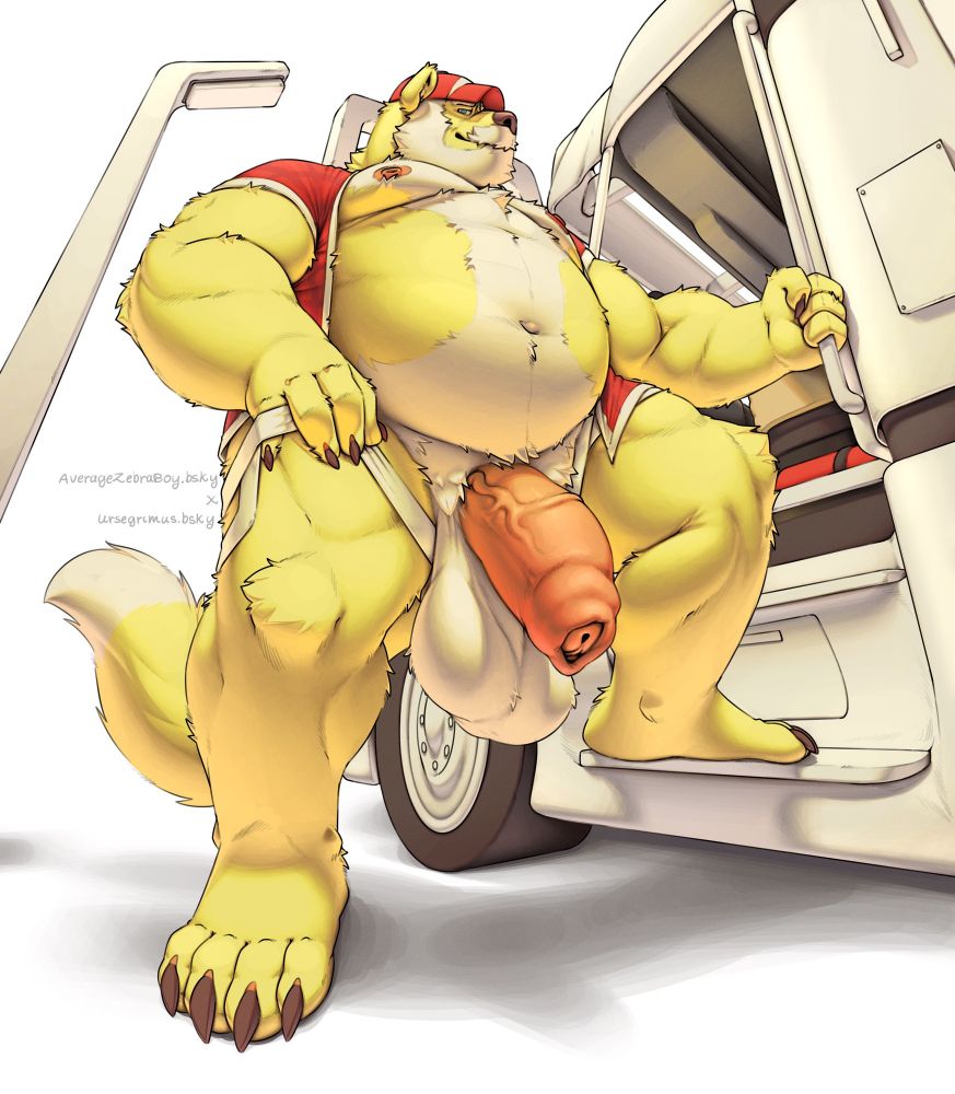 Big light brown chonky trucker bear-wolf-fox hybrid standing next to his truck’s door. He has his huge cock hanging out and it looking to the viewer with a sexy smirk