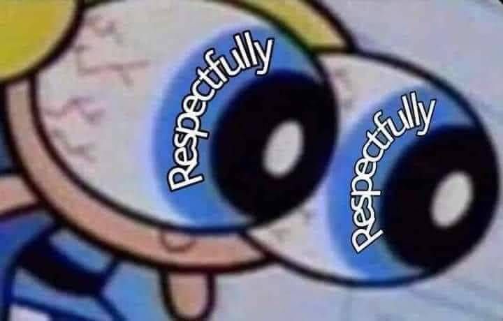 Blue powerpuff girl whose name I can’t remember bc I didn’t watch the show with huge eyes that say RESPECTFULLY RESPECTFULLY