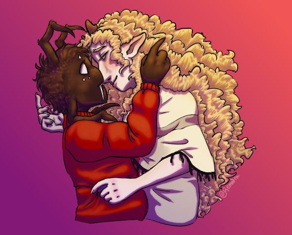 Webber and Wendy after returning from the Cult of the Jackalope AU from the waist up in profile against a purple to pink gradient. Wendy has stubs of antlers, a cleft upper lip, claws and longer ears. She wears the white and red fleece. Wendy has a light blush. She is smiling at Webber with one hand behind his head and the other picking at his sweater to pull him close. Webber wears a red sweater and has dark brown fur. His hand is pushing her hair back to show her ears.