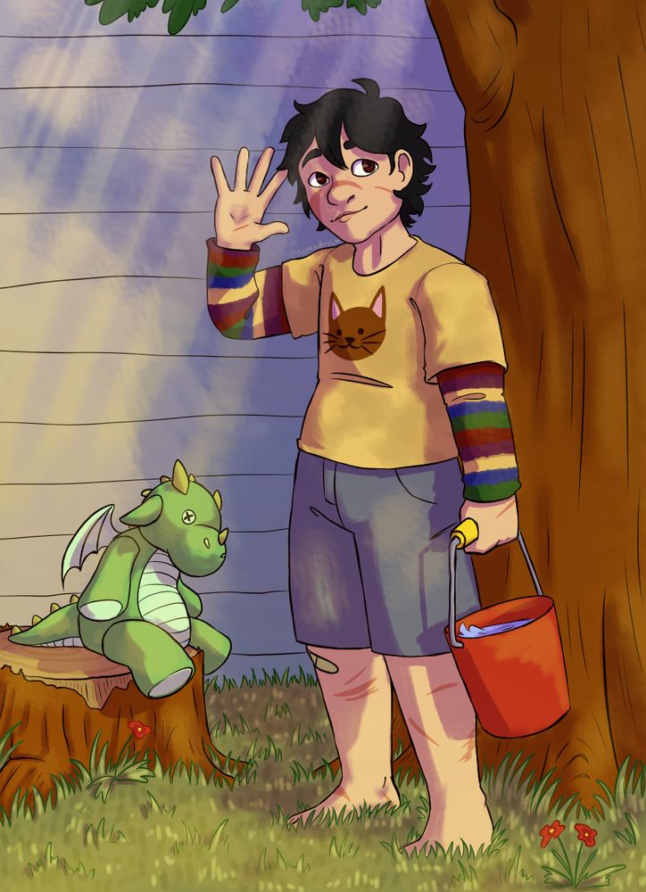 Sori is a child with many visible scars on their face, legs and hands. She has short black hair, brown eyes, and wears shorts and a yellow T shirt with a cat on the front. The long sleeved shirt underneath has blue, purple, red, yellow and green stripes. They carry a red bucket of water and have a hand raised in greeting. She is outside, in front of a house wall and a tree, standing in grass. A plush dragon sits next to them on a stump. The sun is shining on them and there are small red flowers growing.