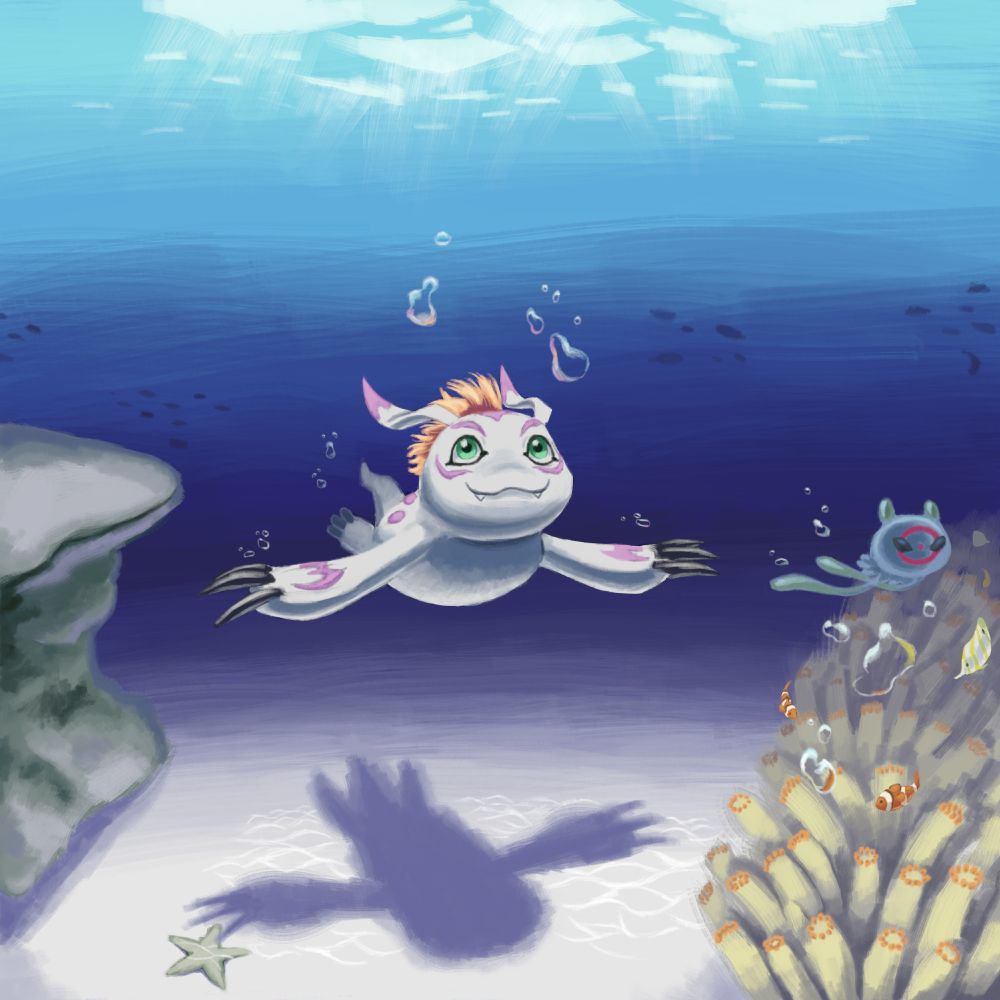 digital painting of the digimon gomamon swimming in the sea.