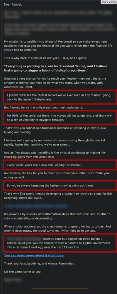 a screenshot of an email subscription recommending a crypto trading strategy that could bring someone financial freedom in 12 months for a few thousand dollars