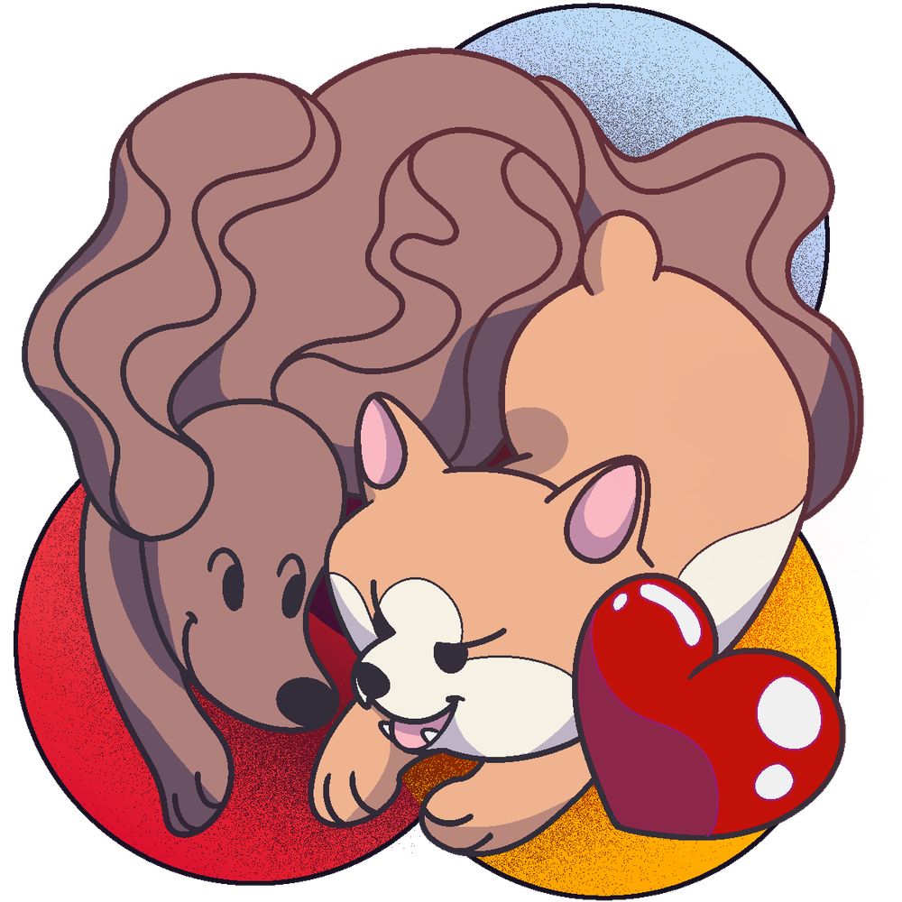 drawing of a corgi and an irish setter, moving together. Three circles hover in the background, and a heart is floating in front of both of them