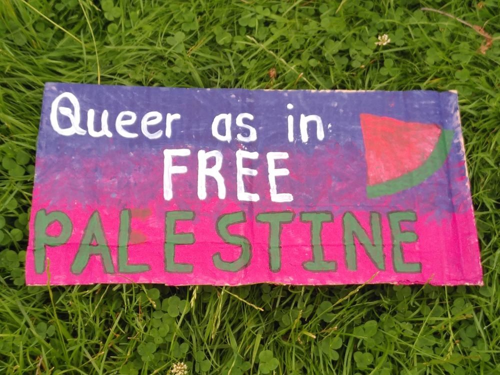 Cardboard sign laying on green grass. Background of sign is painted pink and purple in a gradient, with the words 'Queer as in Free Palestine' and a drawing of a watermelon. 