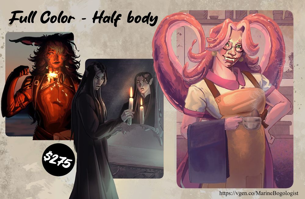 Image of a commission offering. Full color half body, $275