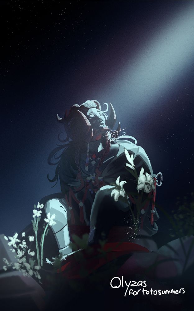 Digital Illustration of an Au Ra, Olyzas. They are sitting alone in a ruin of sorts with only a beam of light illuminating him. White flowers grow from the bricks around her.