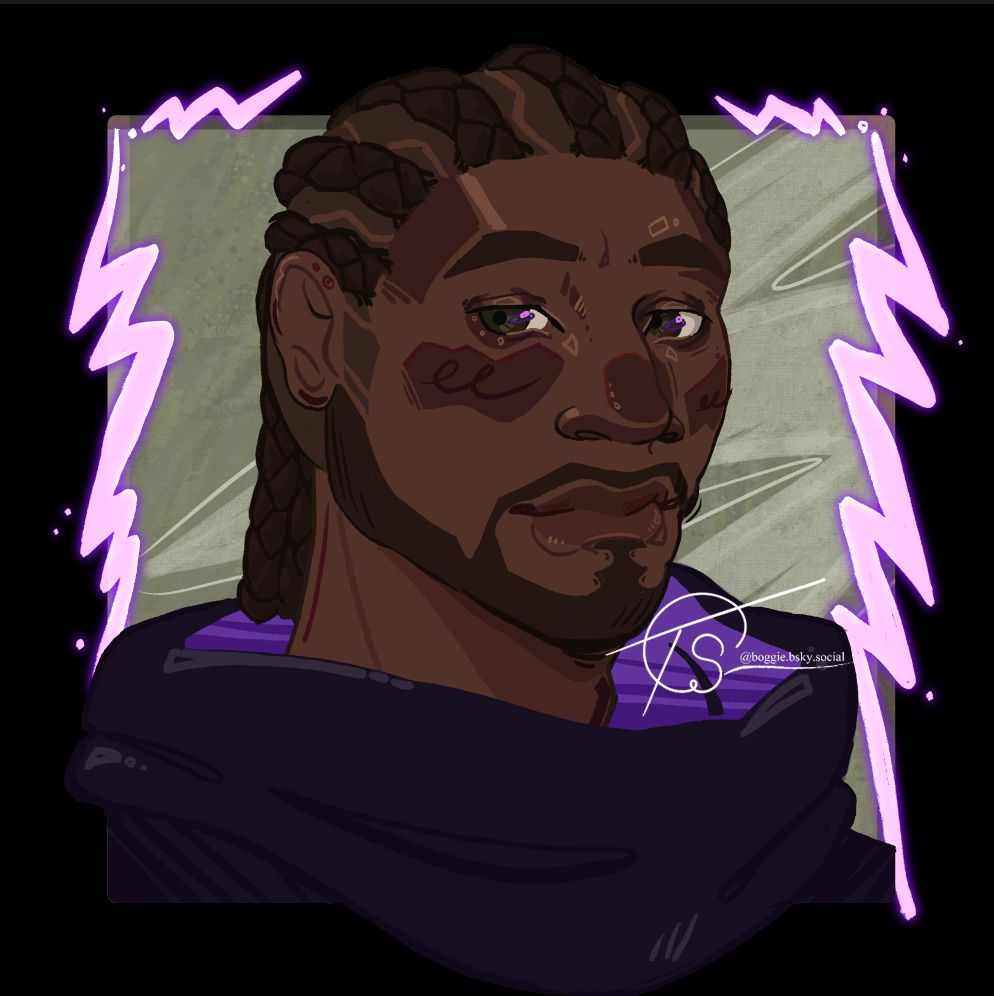 digital illustration of a Redguard man, Sharahte. He has dark brown skin, brown eyes with a hint of green, beard and cornrows that drape down the back of his head. He is wearing a dark wrap around his neck and shoulders. Sharahte is set on top of a green tile with a lightning strike boarder
