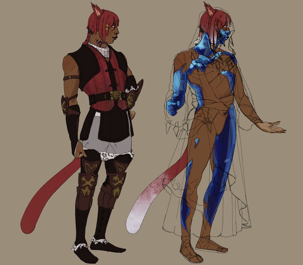 sketch of G'raha Tia and his Crystal Exarch self, his exarch form covered in more crystals than in canon