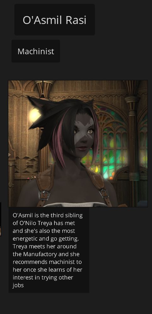 screenshot of a ffxiv miqo'te with a short blurb description
