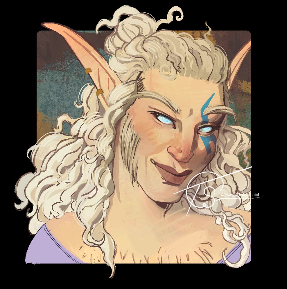 Digital Illustration done for spaceling.art of their oc Oriedil (they/them). They have light, warm skin, a blue tattoo around their left eye and curly pale blonde hair. there's a hint of chest hair peaking up from the top of their light purple shirt. The bust style portrait is framed with a multicolored tile and set on a black background.