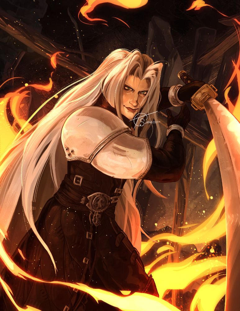Digital Illustration of Sephiroth from FFVII wielding Masamune at the screen standing in a burning village