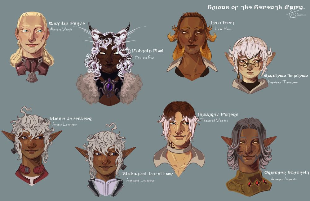 Digital Illustration of several headshots of the Scions of the Seventh Dawn. from right to left, top to bottom there's Minfilia, Y'shtola, Lyse, Papalymo, Alisaie, Alphinaud, Thancred and Urianger all dressed in random assortments of their canon outfits. The cast is depicted with slight or major changes to their base designs like hair style, color or skintone. Their full names are written next to them.