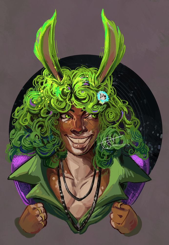 Digital Illustration of the FFXIV Arcadion Cruiser Weight Division boss, Dancing Green. He has tan skin with Vitiligo, bright green eyes and hair thats loosely curled and nesting a pair of bunny ears and a regulator on his left side