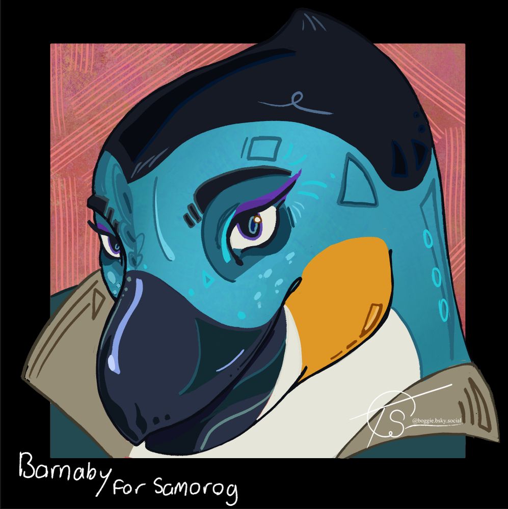 digital illustration of a blue aarakocra, Barnaby. He has yellow cheeks and a white neck.