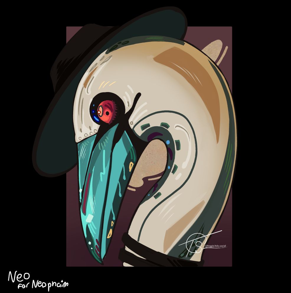 digital illustration of a northern gannet fursona with a blue beak and red eyes, Neo. he is wearing a black hat and had a double layered black necklace