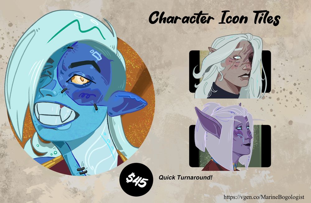 Image of a commission offering. Character icon tiles, 45$. Quick Turnaround