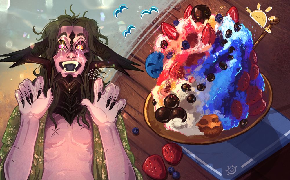 Digital Illustration/ collage of an Au Ra man, Warmhoney Milk. He is standing above a table on the left of the page, wearing an open green patterned button up shirt. To the right of the page is a cup filled comically tall with shaved ice, flavored with red and blue syrup, topped with strawberries, blueberries, dark chocolate pearls (vegetarian so no dairy) and Fire Bomb shaped mochi cakes. The dessert is sitting on a blue napkin with a golden spoon buried in the ice, and the table is decorated with stray strawberries and blue berries