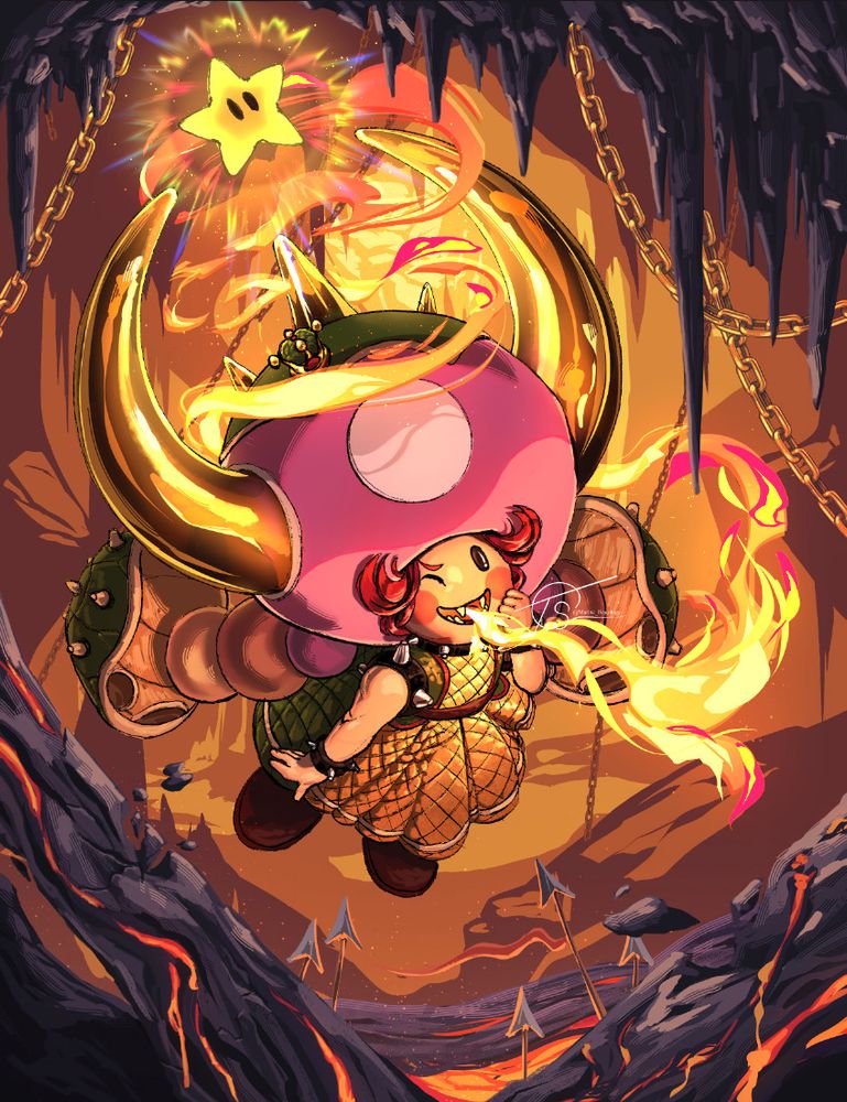 Digital Illustration of Toadette wearing a Super Crown that turns her into Bowsette. She's wearing a Bowser scale pattern dress and her toadshroom headpiece is detailed with turtle shells and golden horns/ spikes and there's a tiny Bowser style crown resting on the round of the headpiece. There's a star sitting at the pinnacle of her horns and she is breathing fire. The environment around her is cavernous and filled with cooling magma and stalagtites