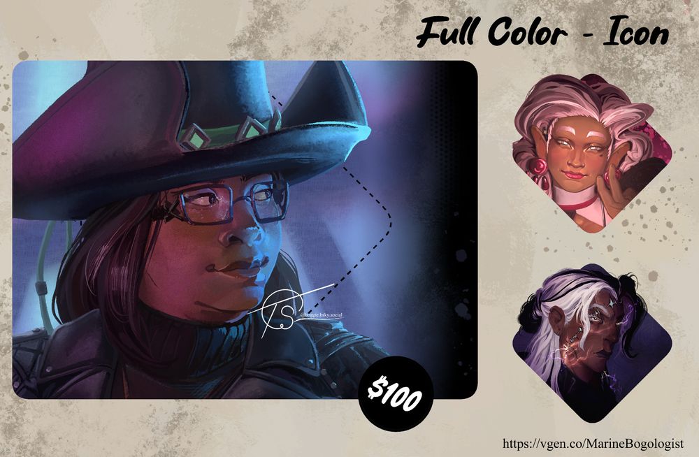 Image of a commission offering. Full color Icon, $100 