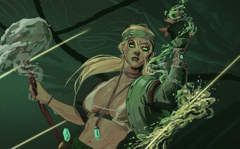 Digital Illustration of a human woman. She has white skin, long blonde hair tied back in a pony tail and is wearing a green headband, great coat over a white cropped shirt, a green sash and is wielding a wooden staff. Her left arm is covered in the coats sleeve and bears a magic amulet, which helps her cast her water magic. her right arm is bare, save for a simple bracelet and a ring on her thumb. she has a long necklance on and to tools on her hip. Her eyes glow green