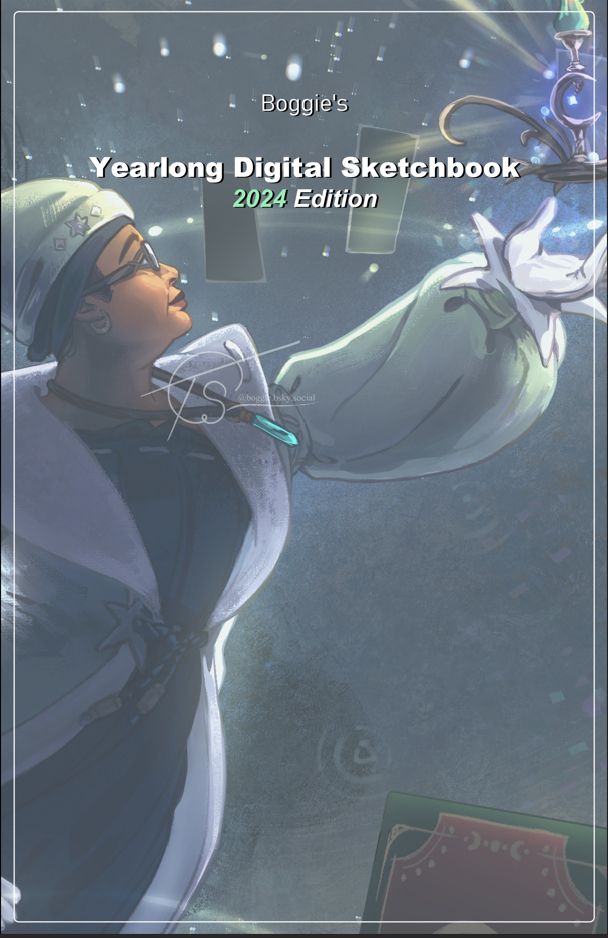 digital sketchbook cover. A cropped image of a woman  wearing sleep wear holding a floating candleholder with text: Boggie's Yearlong Digital Sketchbook 2024 Edition