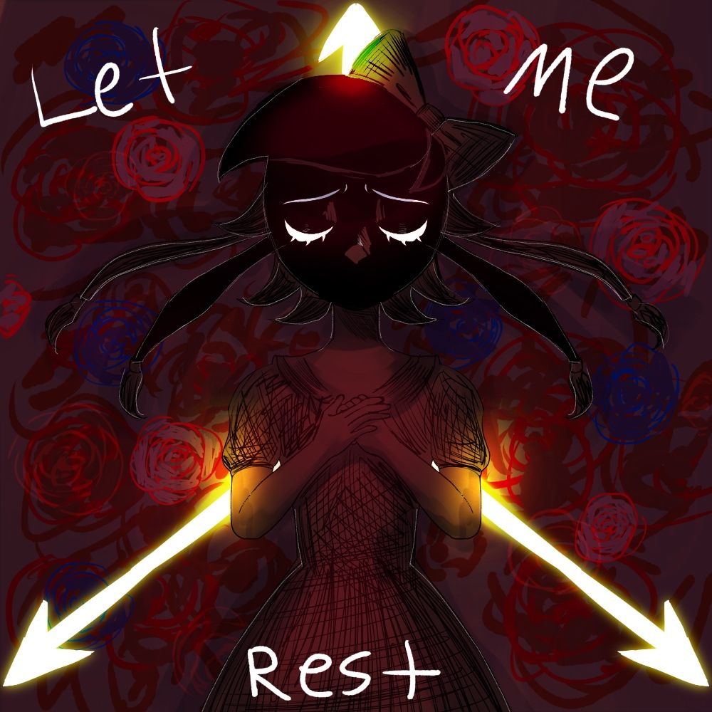 Fanart of Tessa Elliot from murder drones lying down in a bed of roses with the absolute silver symbol glowing underneath 