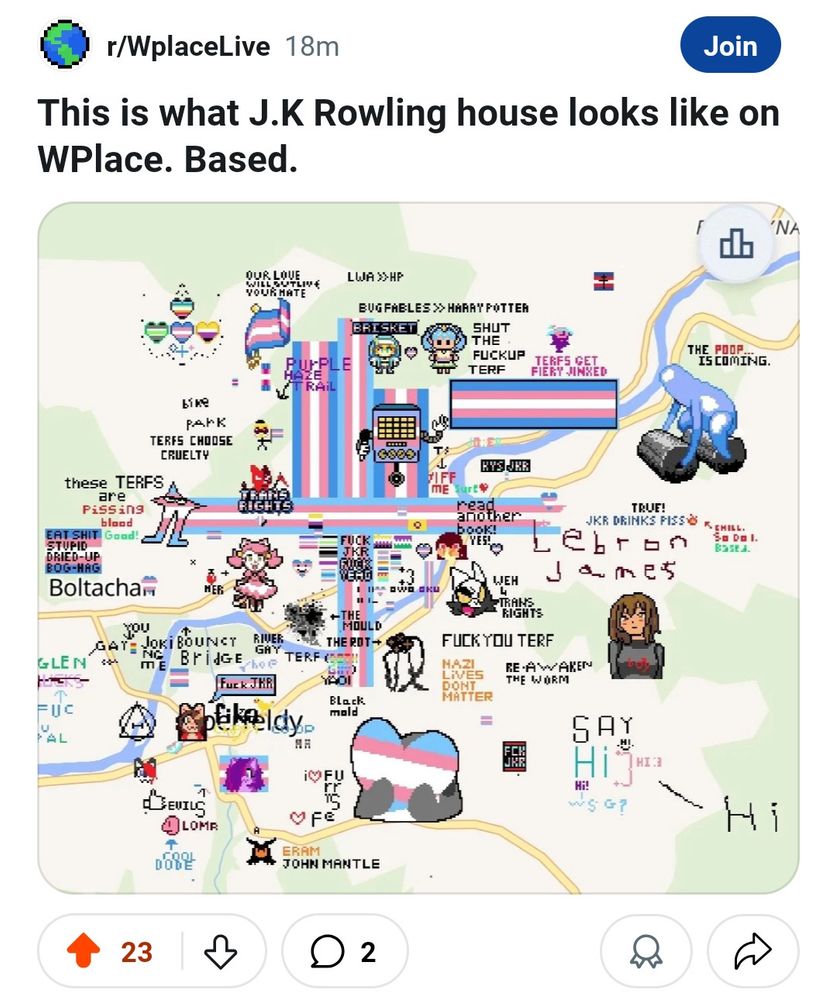 A Reddit post from r/Wplacelive showing a picture on wplace where jk Rowling lives with trans flag pixel art all over