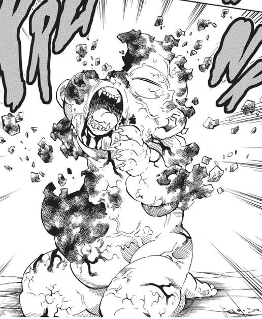 Manga page from demon slayer (kimetsu no yaiba) of muzan in his baby form crumbling to ashes