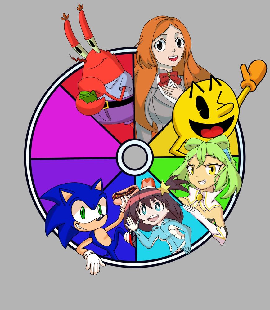 Character in red is Mr Krabs (SpongeBob) character in orange is inoue (bleach) the character in yellow is pac man character in green is hacka doll 4 (hacka doll) character in cyan is luluco (space patrol luluco) character in blue is sonic the hedgehog. Give me a purple character to draw
