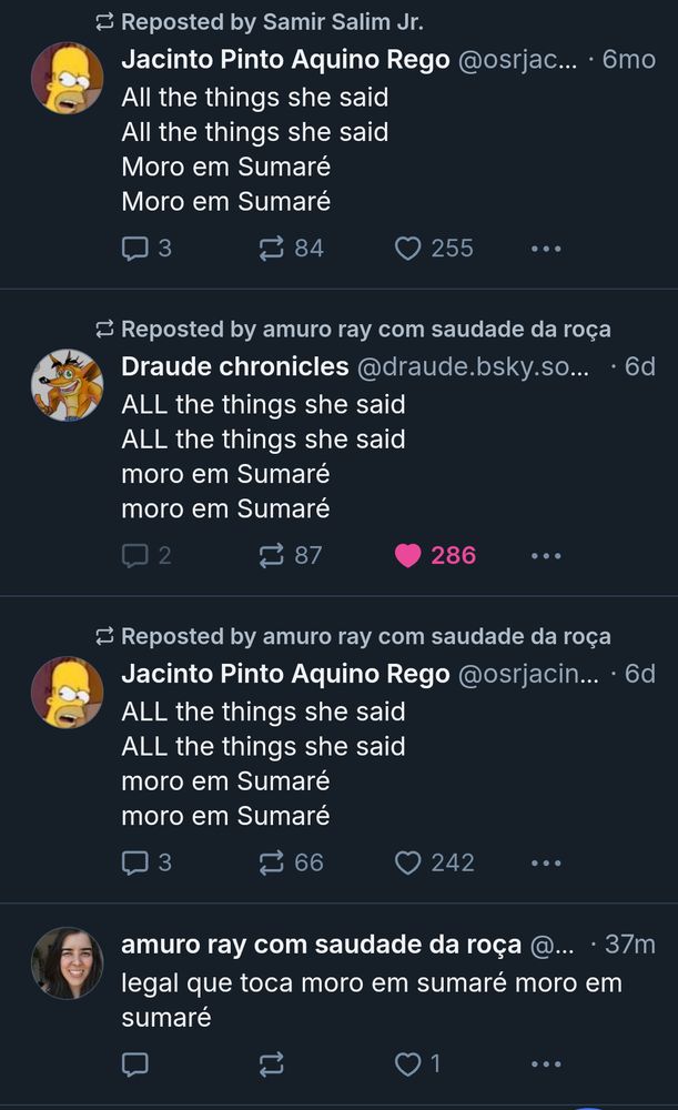 Print de celular com 4 posts seguidos do Bluesky:
- o primeiro é um repost feito por Samir Salim Jr. da conta Jacinto Pinto Aquino Rego, de um post de 6 meses atrás, dizendo "All the things she said/ All the things she said/ Moro em Sumaré/ Moro em Sumaré";
- o segundo também é um repost, de "amuro ray com saudades da roça", da conta Draude chronicles, de seis dias atrás, com o exato mesmo texto do post anterior;
- o terceiro é um repost também, de "amuro ray com saudade da roça" novamente, de Jacinto Pinto ... também, com o exato mesmo texto dos posts precedentes; porém este post data de 6 dias atrás;
- por último, um post de "amuro ray...", de 37 min. atrás, dizendo "legal que toca moro em sumaré Moro em sumaré".