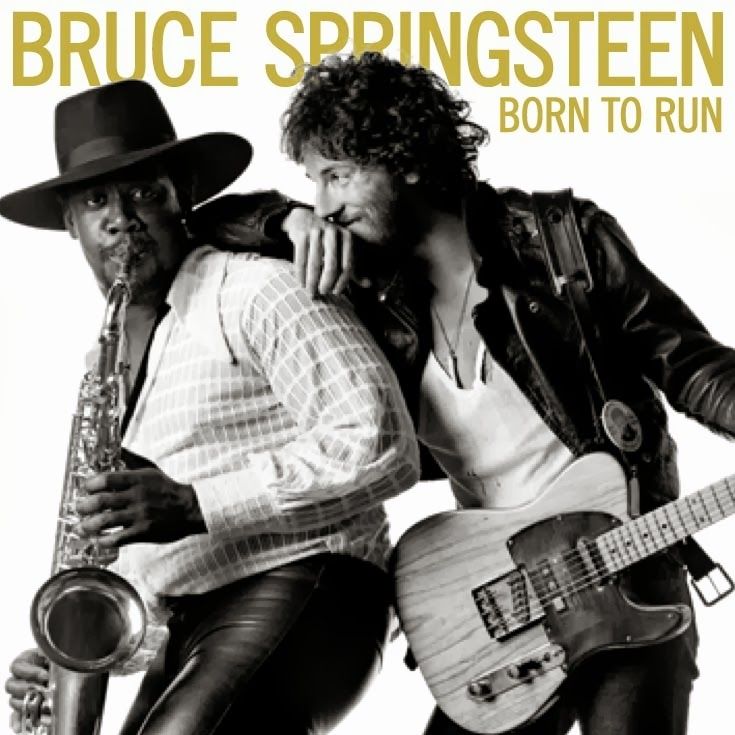 Cover of the album Born to Run by Bruce Springsteen. Springsteen, a white man, is on the right holding a guitar, and he is leaning on saxophonist Clarence Clemons, who is black, and playing the saxophone. Clemons is looking straight at the camera, while Springsteen is looking directly at Clemons with an amused look of adoration. The text of the album title is gold. The text is a similar color as the text of the champagne edition of the life of a showgirl, but this text is matte and not sparkly. 