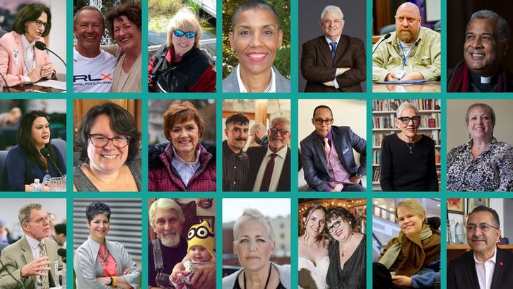 A collage of 21 advocate photos from Delaware and New York. Several people pictured are speaking passionately into microphones and others are smiling happily at the camera.