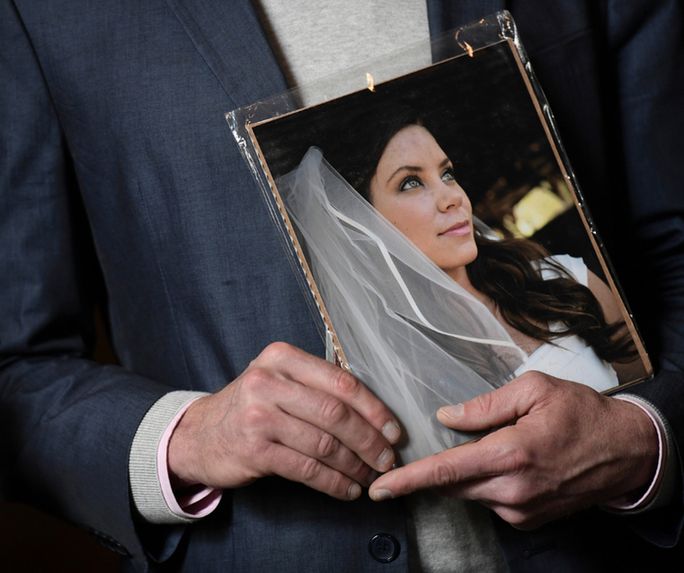 A framed picture of Brittany Maynard in her wedding dress.