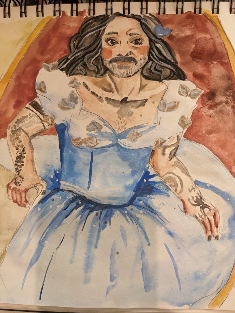 watercolor painting of ed teach wearing cinderella's ball gown from kenneth branagh's cinderella 