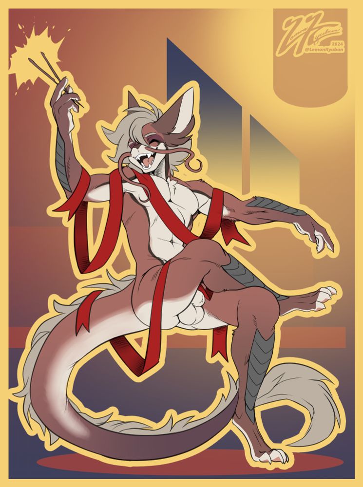 Nude art of an Eastern (noodle) Dragon draped in ribbons and holding sparklers to celebrate the Year of the Dragon